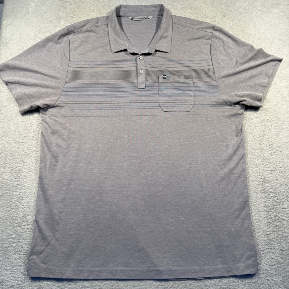 Travis Mathew Pima Cotton Blend Golf Polo Shirt Gray Mesh Striped Pocket XXL